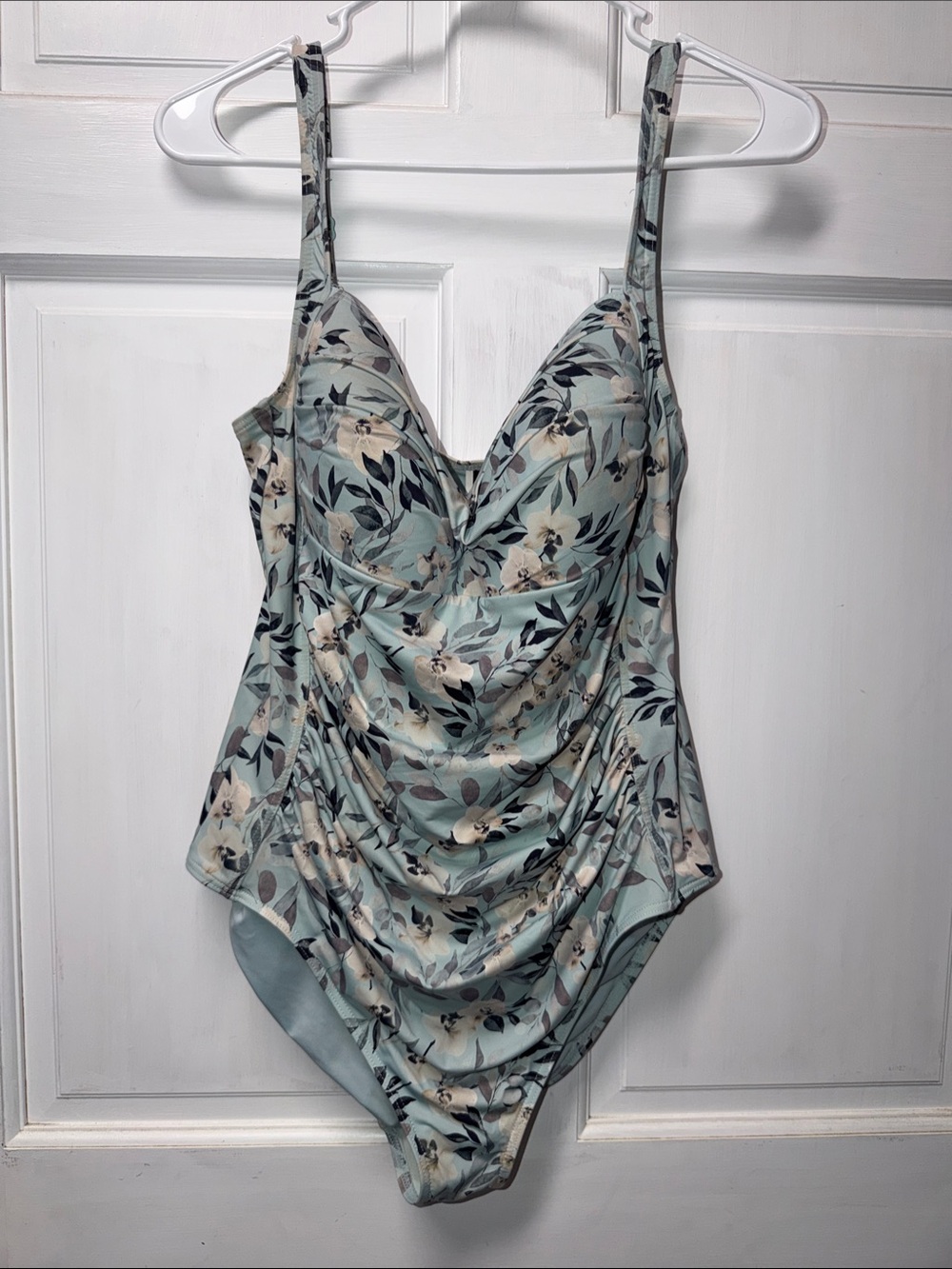 Floral Draped One-Piece Swimsuit in Light Blue and Cream